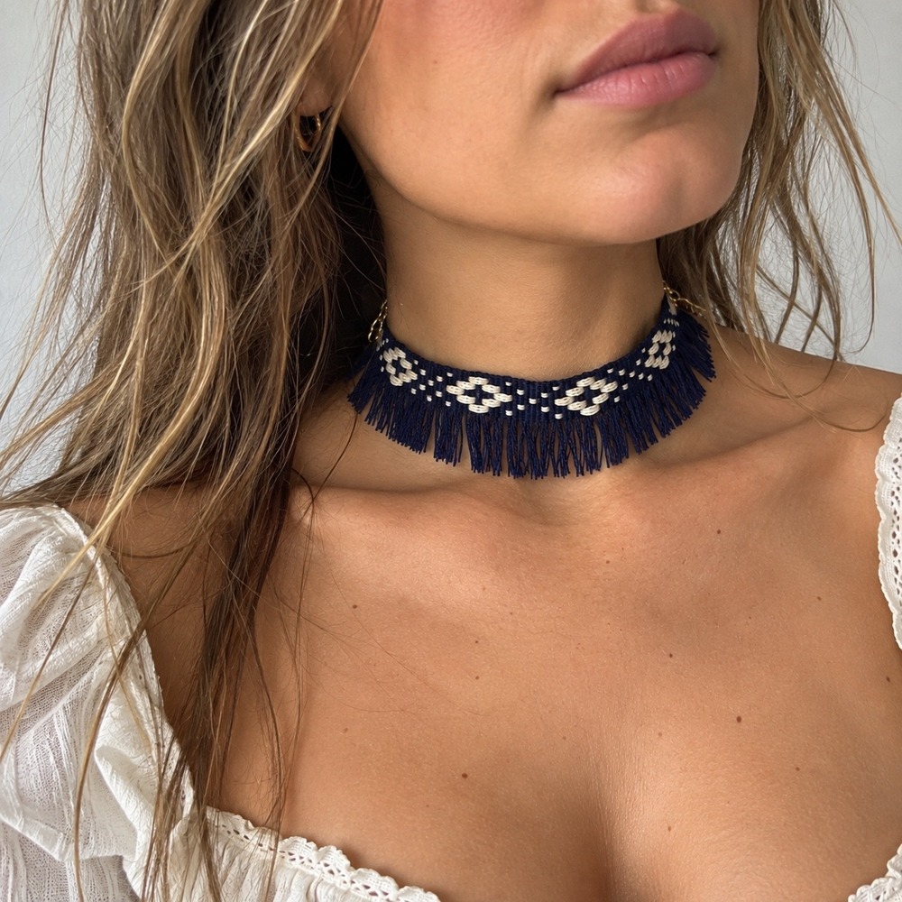 Ettika Blue Fringe Boho Aztec Tribal Choker Necklace